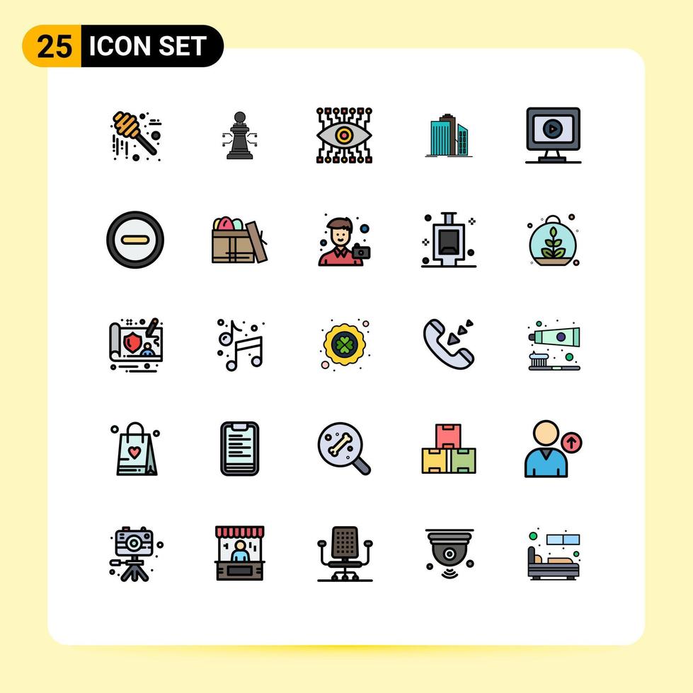 grupo de 25 cores planas de linhas preenchidas modernas definidas para monitor escritório olho arquitetura de negócios elementos de design de vetores editáveis