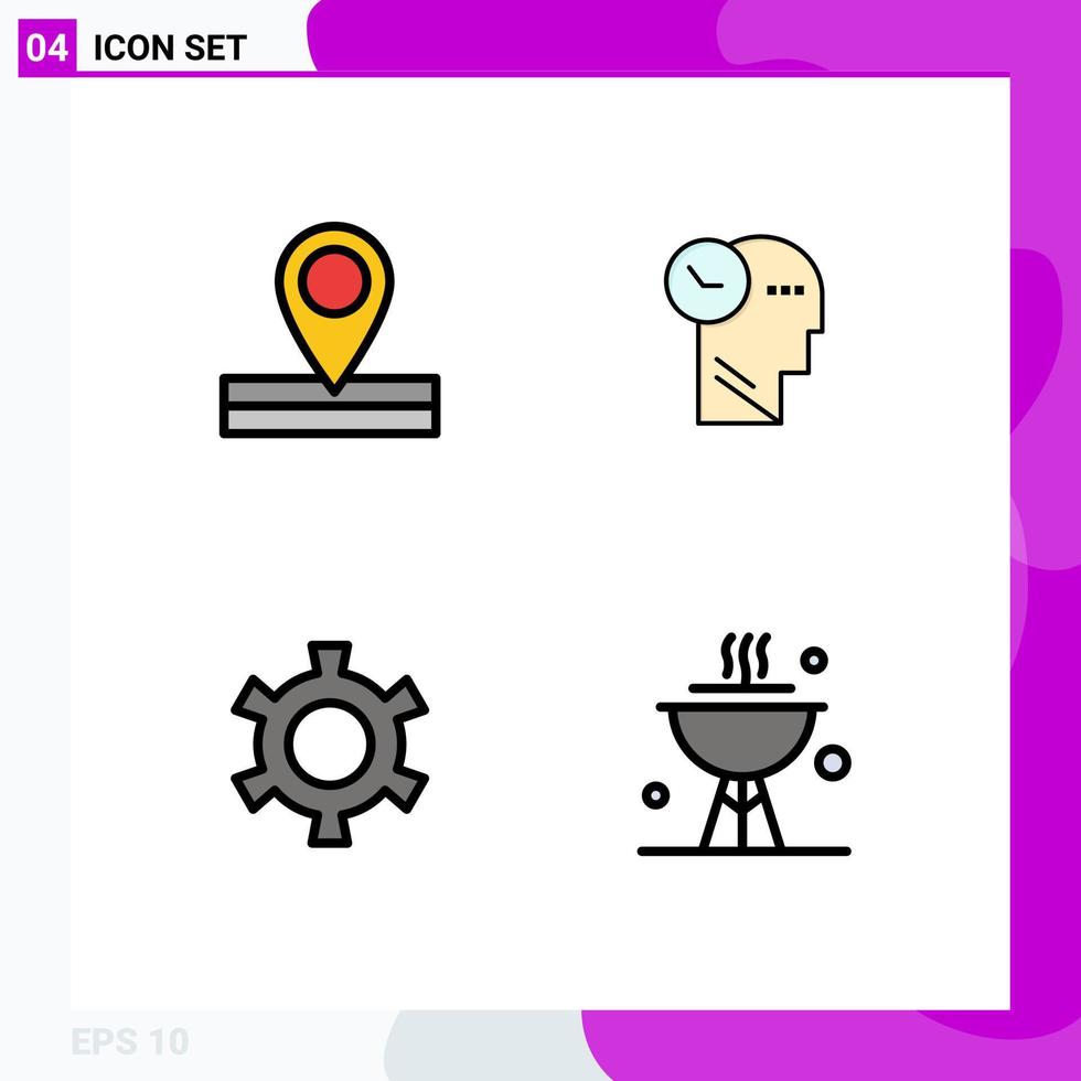 conjunto moderno de pictograma de 4 cores planas de linha preenchida de configuração de mapa, tempo, cabeça, cozinheiro, elementos de design de vetores editáveis