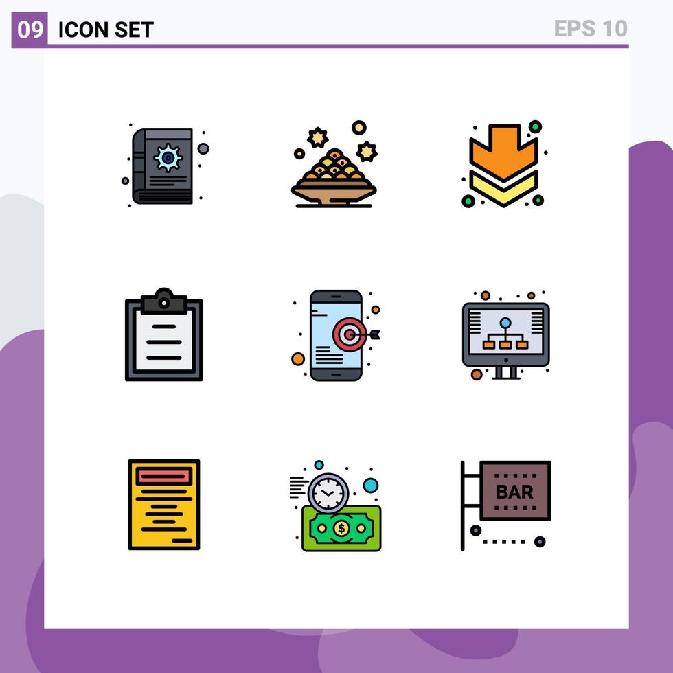 pacote de cores planas de linha preenchida de 9 símbolos universais de elementos de design de vetores editáveis de texto de prato alvo alvo