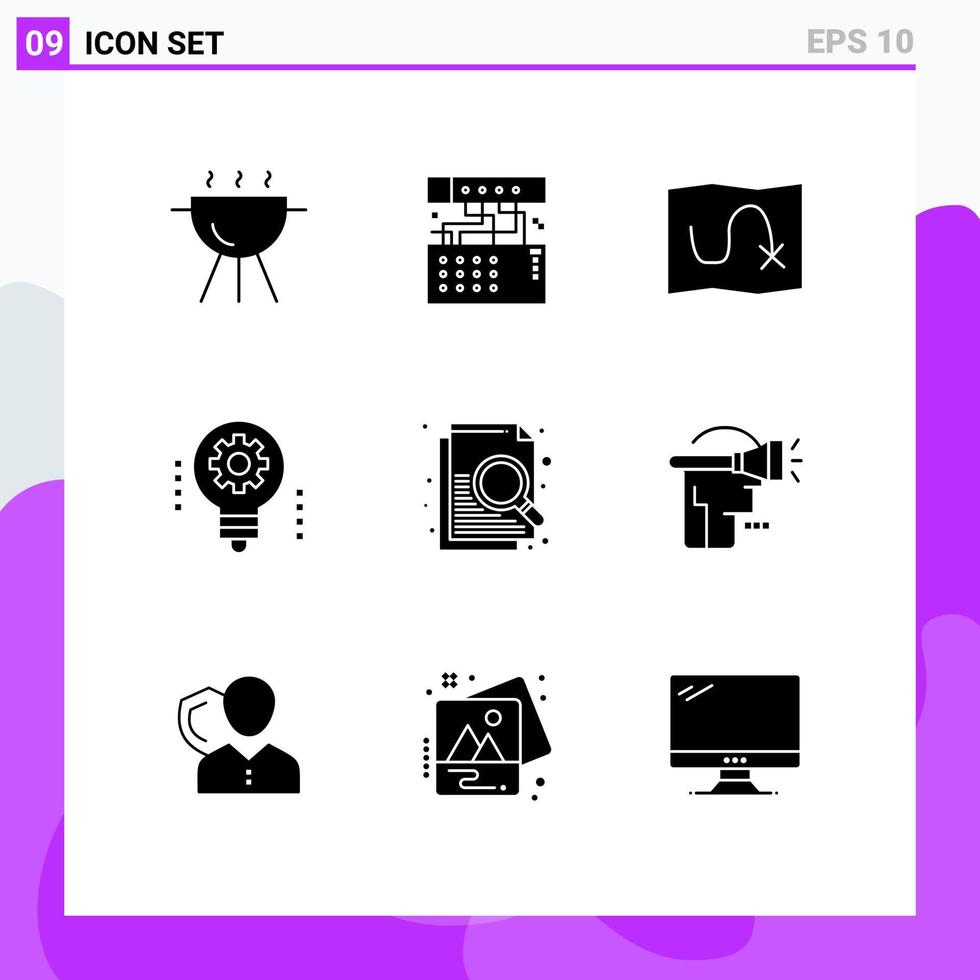 conjunto de glifos sólidos de interface móvel de 9 pictogramas de mapa de robótica de arquivo lâmpada inteligência artificial elementos de design vetorial editáveis vetor