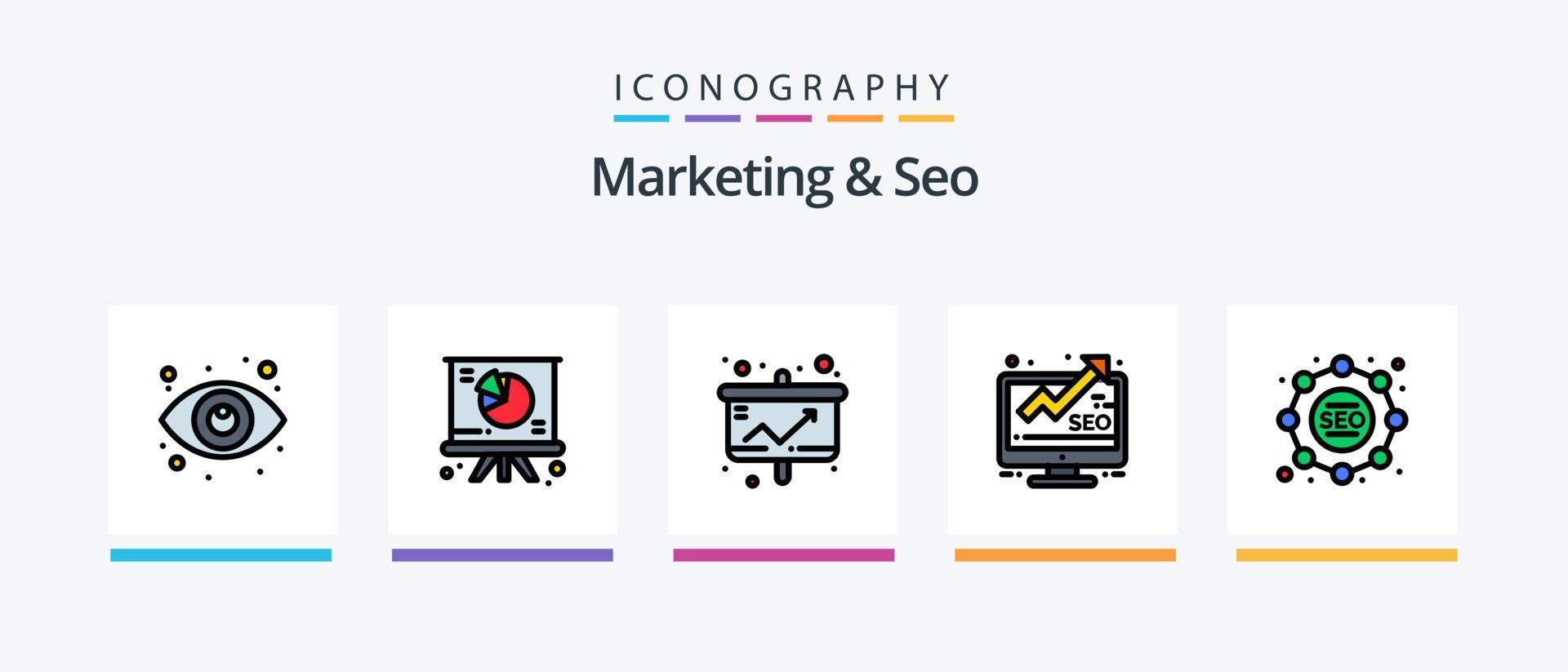 marketing e linha de seo cheio de 5 ícones incluindo quebra-cabeça. bruxo. visualizar. seo. seo. design de ícones criativos vetor