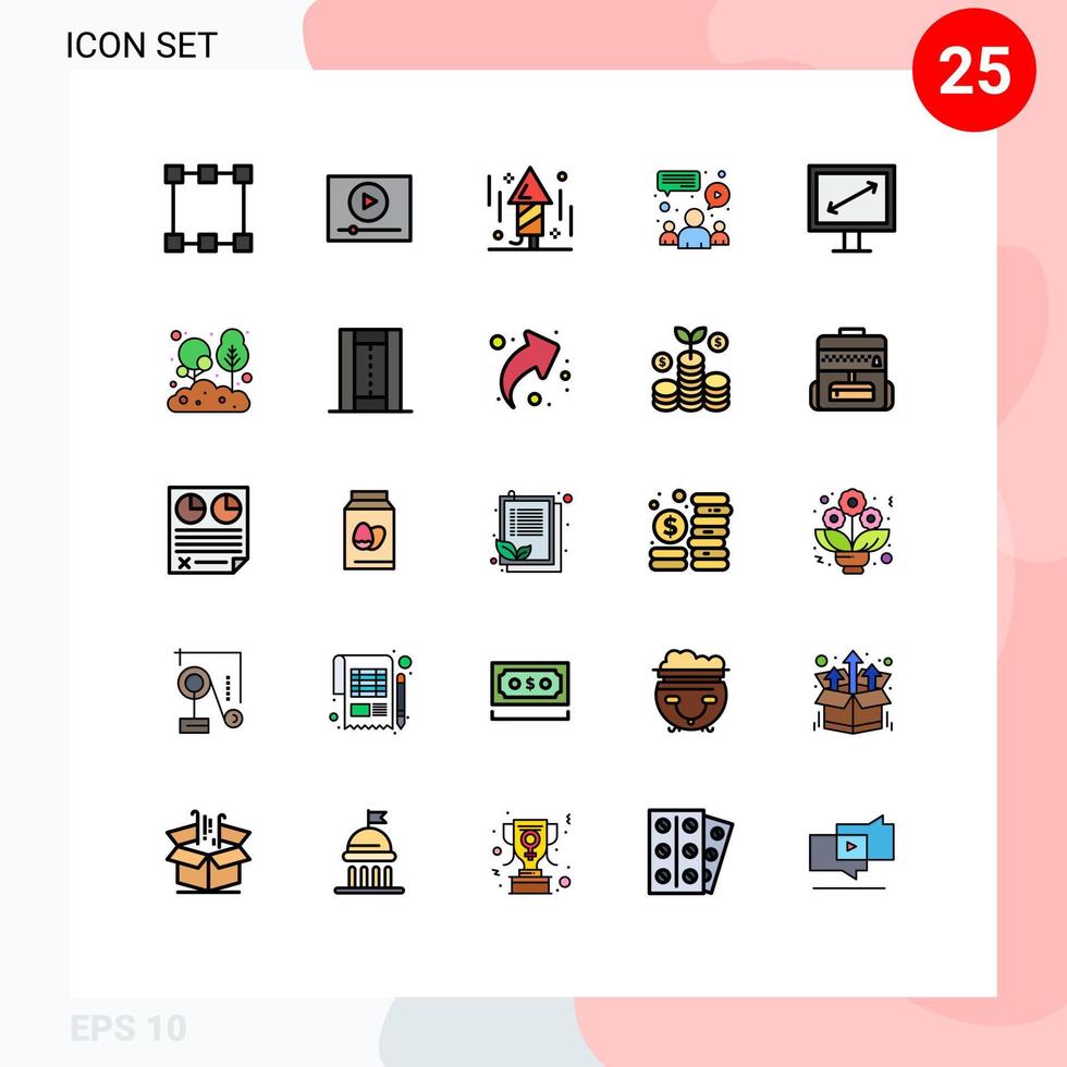 pacote de 25 sinais e símbolos modernos de cores planas de linha preenchida para mídia impressa na web, como equipe de fogos de artifício diagonais de tv, elementos de design vetorial editáveis vetor