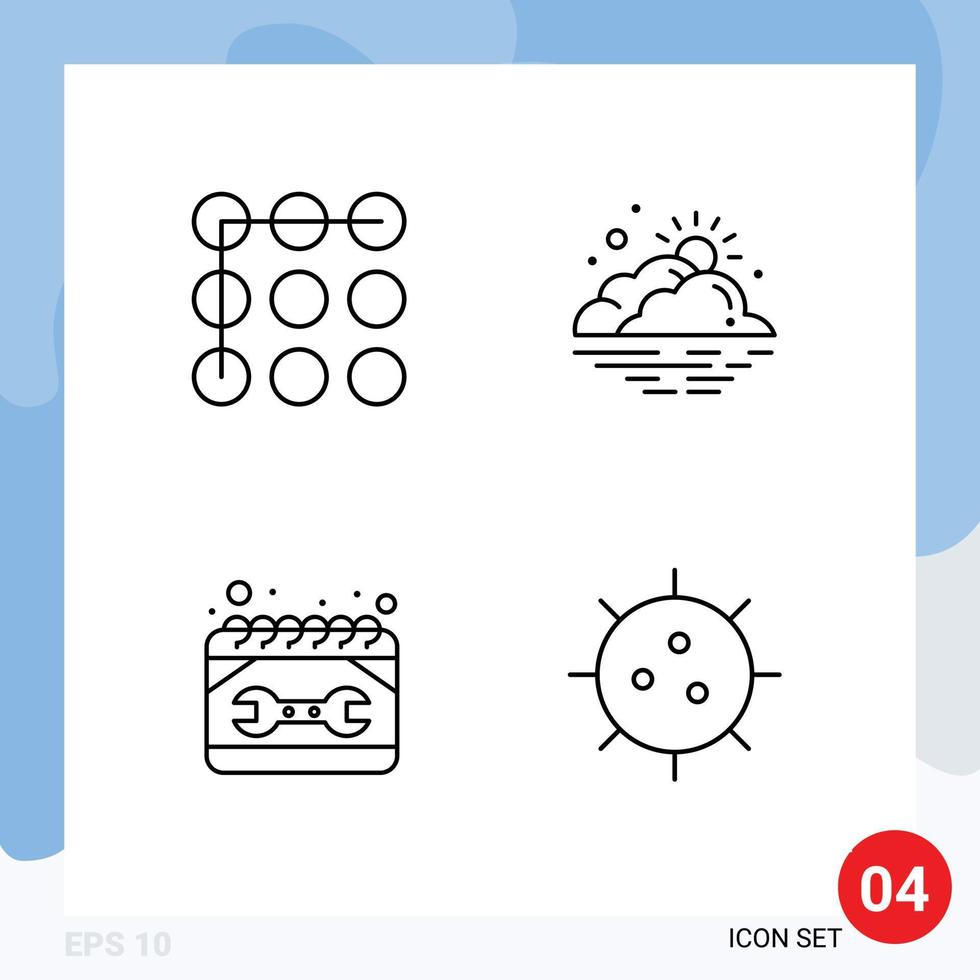 4 ícones criativos sinais e símbolos modernos de construção de bloqueio nuvem sol reparação elementos de design vetoriais editáveis vetor