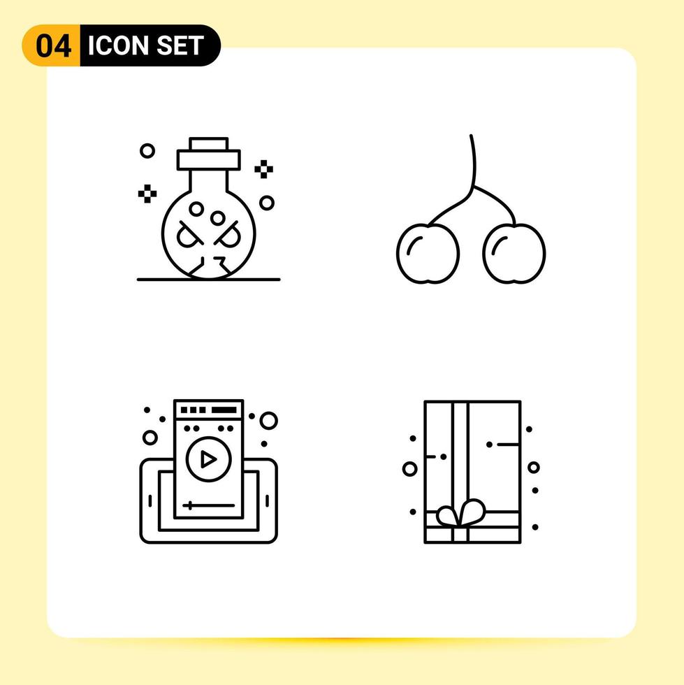 conjunto de pictogramas de 4 cores planas de linha preenchida simples de pacote de presente de comida de caveira de telefone de faca elementos de design de vetores editáveis