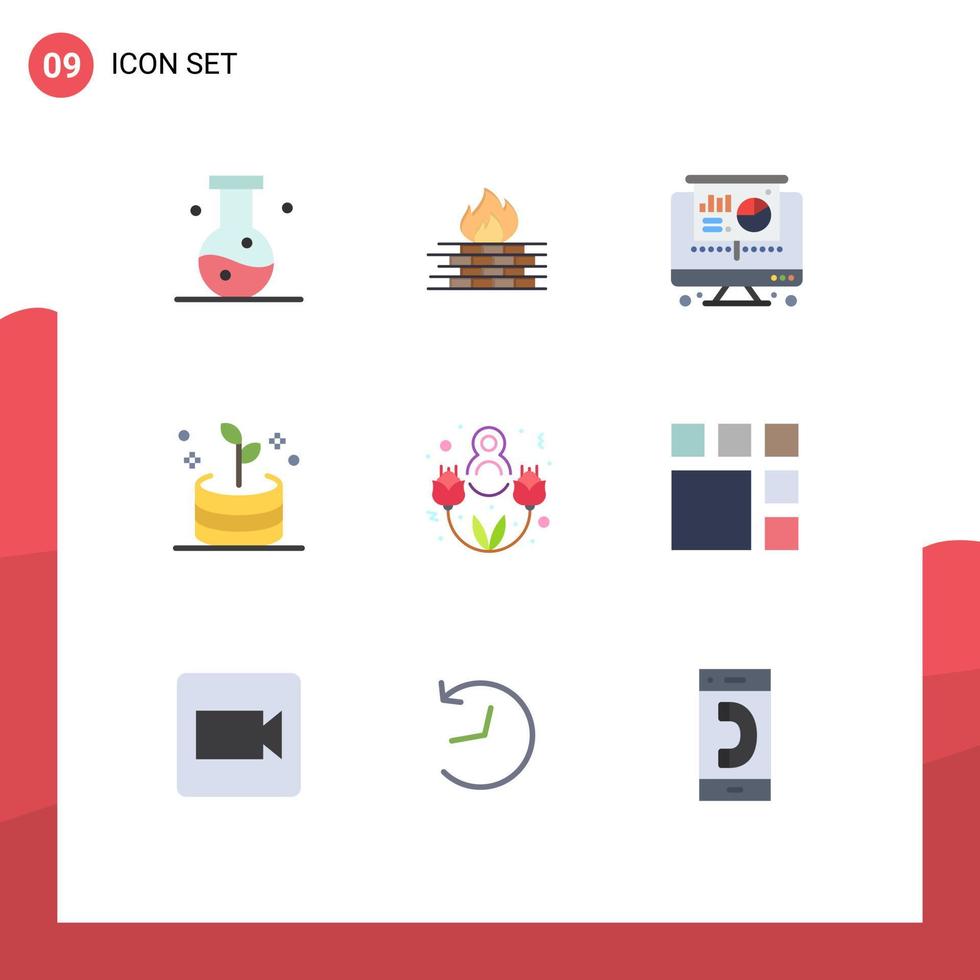 pacote de 9 sinais e símbolos modernos de cores planas para mídia impressa na web, como elementos de design de vetores editáveis de torta de investimento em rede de dinheiro feliz