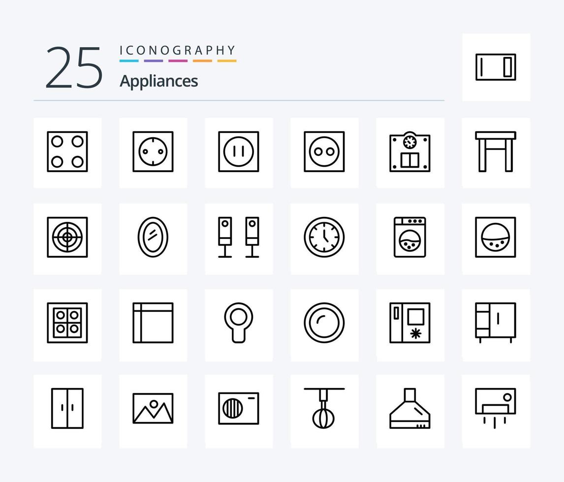 Pacote de ícones de 25 linhas de eletrodomésticos, incluindo eletrodomésticos. mobiliário. aparelhos. peso. piso vetor