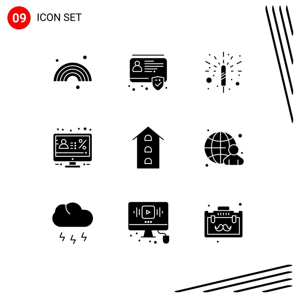 pacote de 9 glifos sólidos criativos de monitor de fogos de artifício de porcentagem de casa desconto elementos de design de vetores editáveis