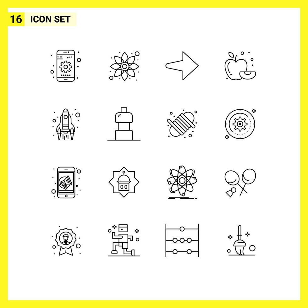 pacote de 16 sinais e símbolos de contornos modernos para mídia impressa na web, como água para cima, seta para começar, frutas, elementos de design de vetores editáveis