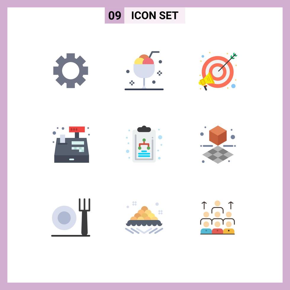 pacote de cores planas de 9 símbolos universais de diagrama de compras, caixa registradora, elementos de design de vetores editáveis em dinheiro