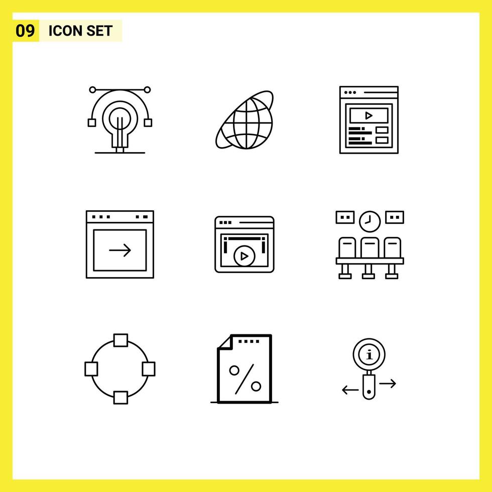 conjunto de esboço de interface móvel de 9 pictogramas de conteúdo personalizado do site de exibição seta para a direita elementos de design de vetores editáveis