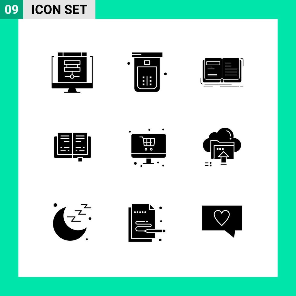 pacote de interface do usuário de 9 glifos sólidos básicos de conhecimento, livro, chuveiro, narrativa, elementos de design de vetores editáveis abertos