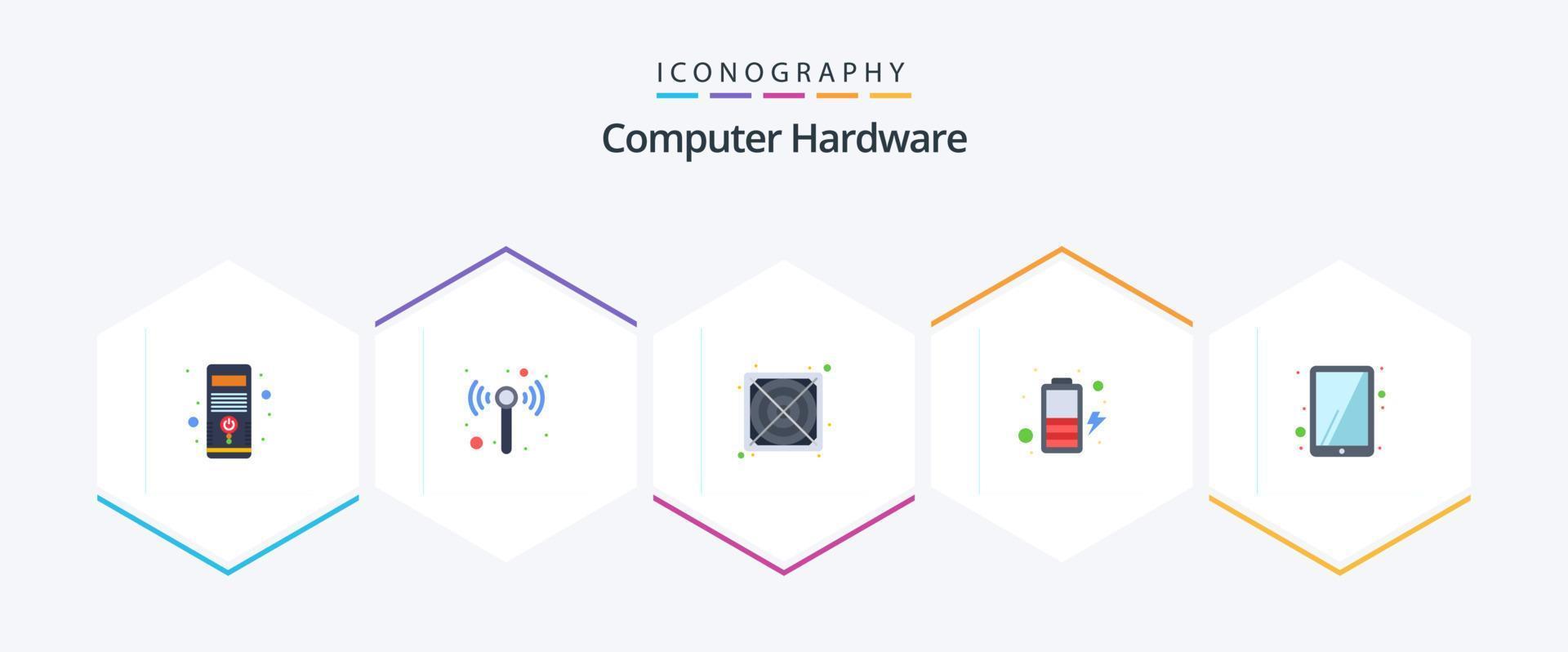 hardware de computador 25 pacote de ícones planos, incluindo . tela sensível ao toque. potência. tábua. potência vetor