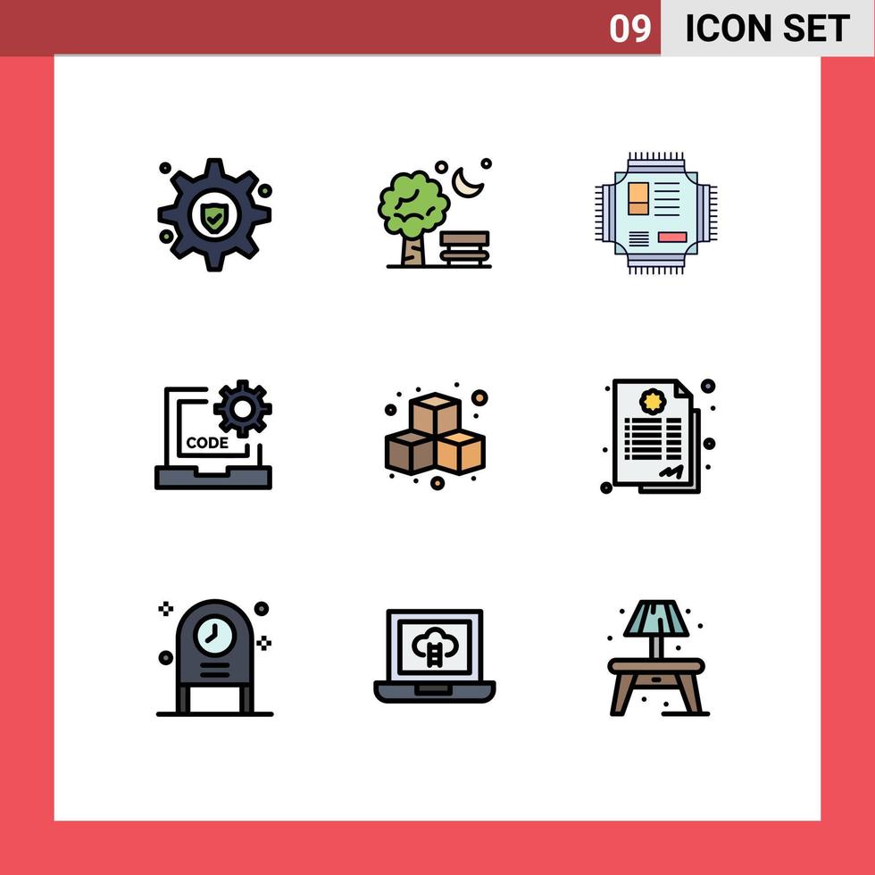 conjunto de pictogramas de 9 cores planas de linhas preenchidas simples de programação desenvolvem elementos de design de vetores editáveis de tecnologia de codificação de chip
