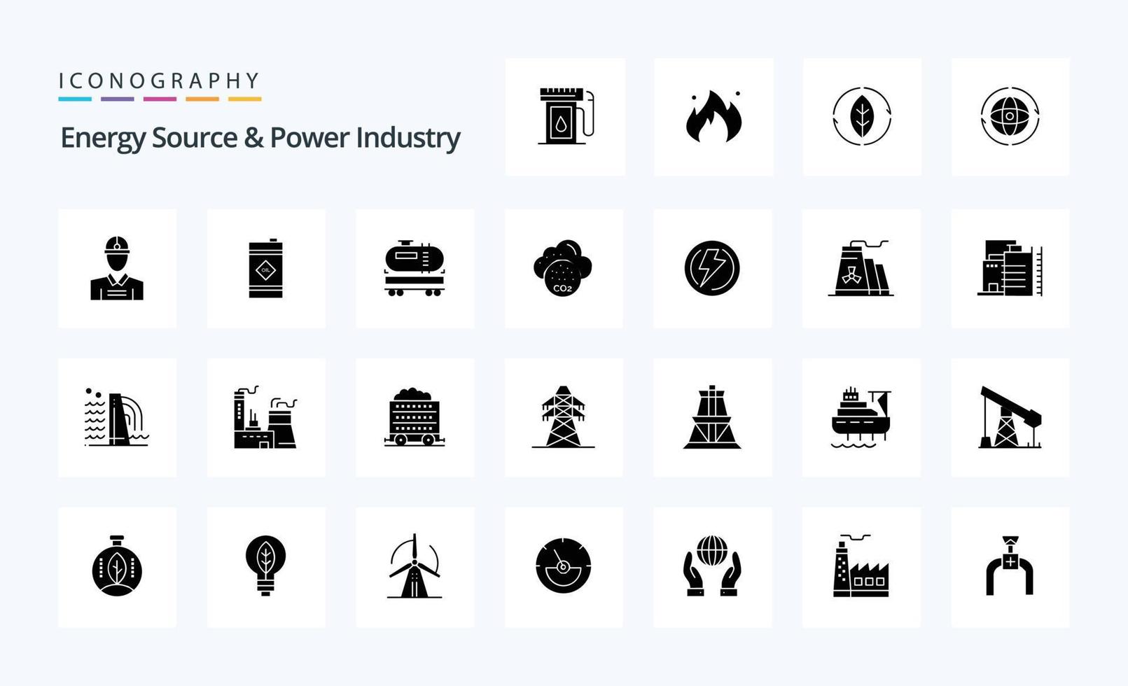 25 fonte de energia e pacote de ícones de glifos sólidos da indústria de energia vetor