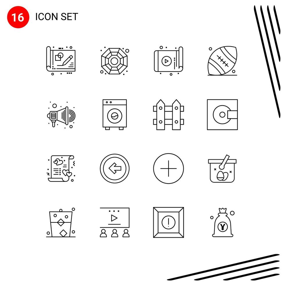 grupo de símbolos de ícone universal de 16 contornos modernos de elementos de design de vetores editáveis de aplicativo de bola de rugby anunciado
