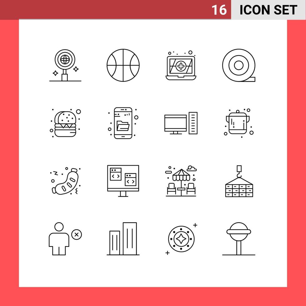 16 ícones criativos, sinais e símbolos modernos da pesquisa de hambúrguer de computador para PC exploram elementos de design de vetores editáveis