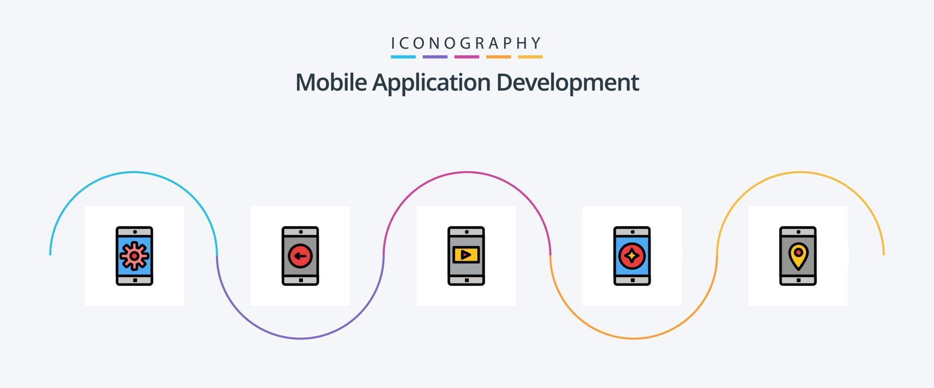 linha de desenvolvimento de aplicativos móveis cheia de pacote de 5 ícones planos, incluindo aplicativo móvel. aplicativo. aplicativo. aplicativo móvel. celular favorito vetor