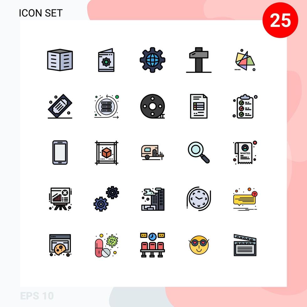 Conceito de cor plana de 25 linhas preenchidas para sites móveis e ferramentas de efeitos de aplicativos mundo do martelo muçulmano elementos de design de vetores editáveis