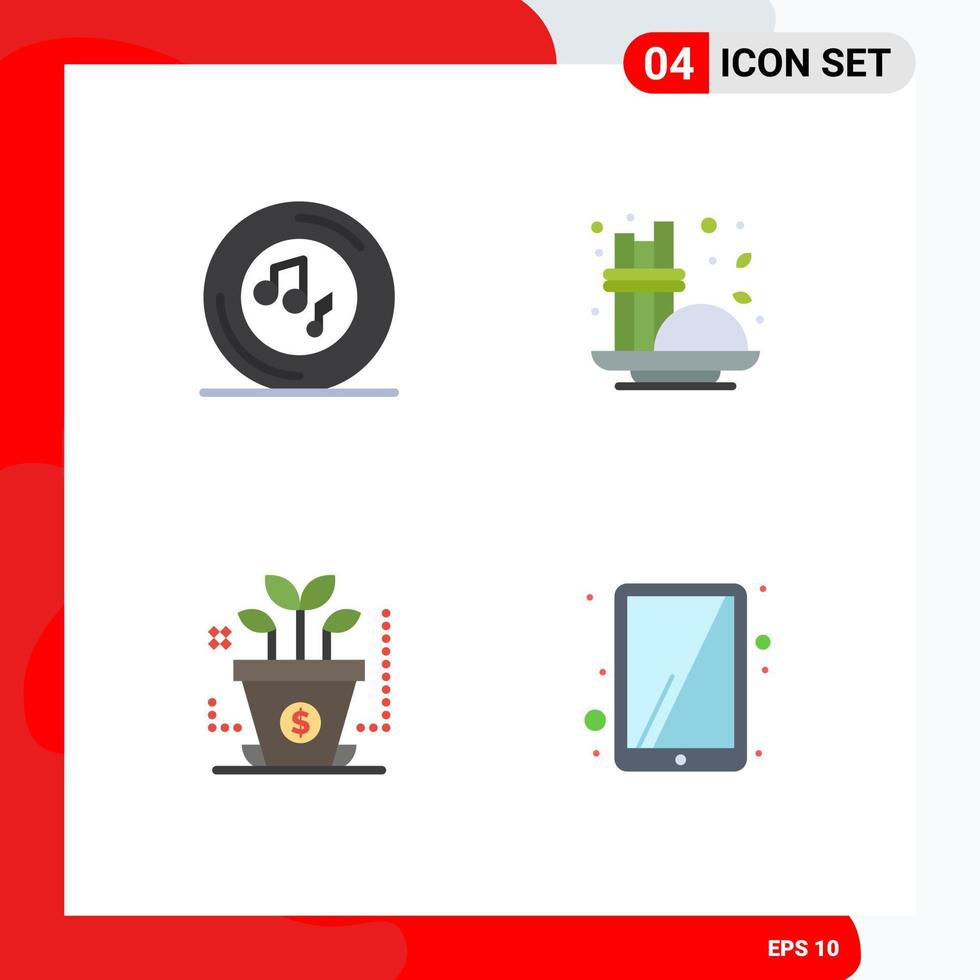 4 ícones criativos, sinais e símbolos modernos de música, jogador de finanças, inicialização de café, elementos de design de vetores editáveis