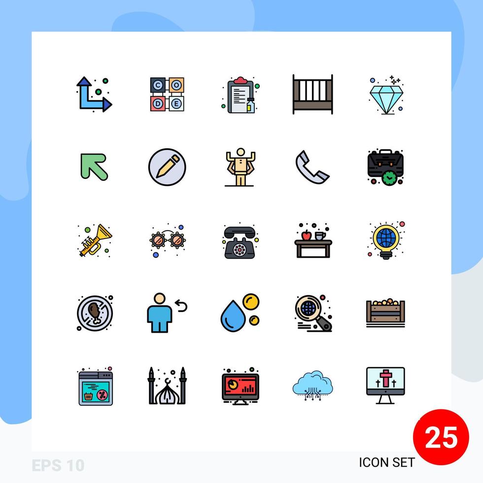 pacote de 25 sinais e símbolos modernos de cores planas de linha preenchida para mídia de impressão na web, como lista de joias interiores, móveis, cama, elementos de design vetorial editáveis vetor