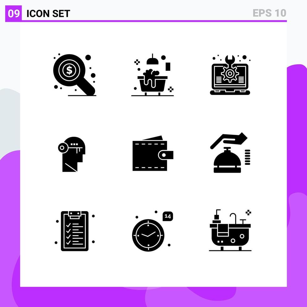 pacote de 9 glifos sólidos criativos de elementos de design de vetores editáveis de bloqueio de cérebro de negócios