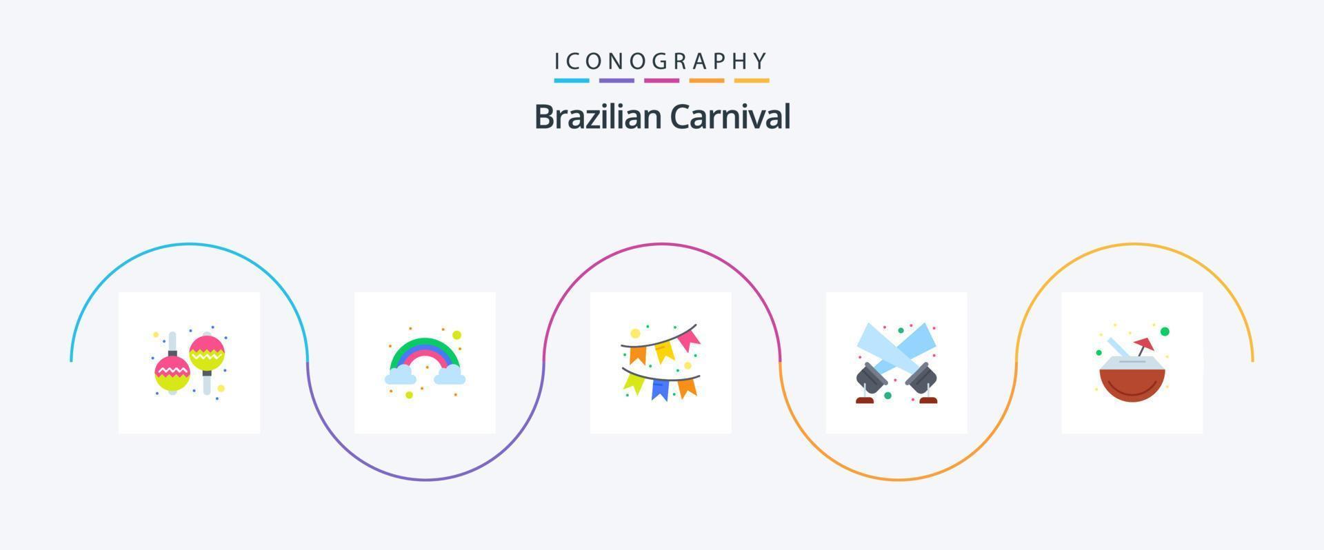 carnaval brasileiro flat 5 icon pack incluindo . coquetel. ornamento. carnaval. luz de discoteca vetor