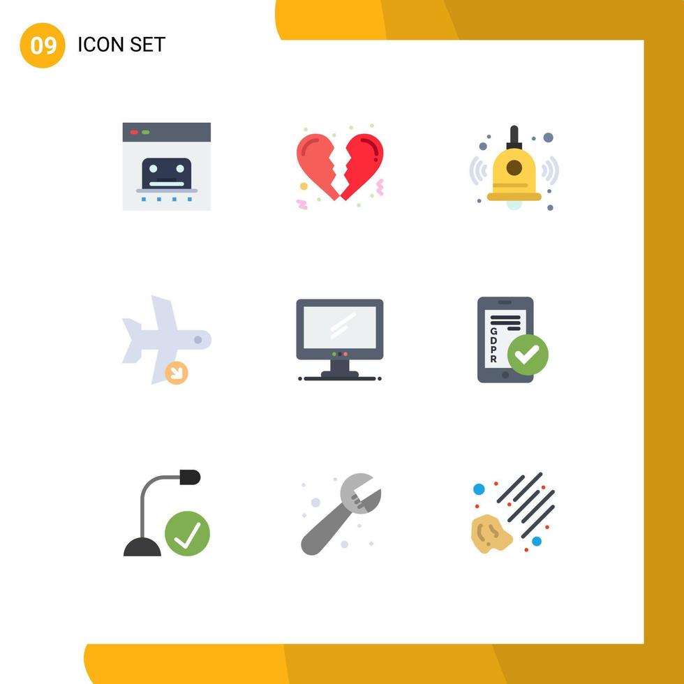 grupo de 9 sinais e símbolos de cores planas para transporte de monitor de volta ao transporte escolar aterrissando elementos de design vetorial editáveis vetor