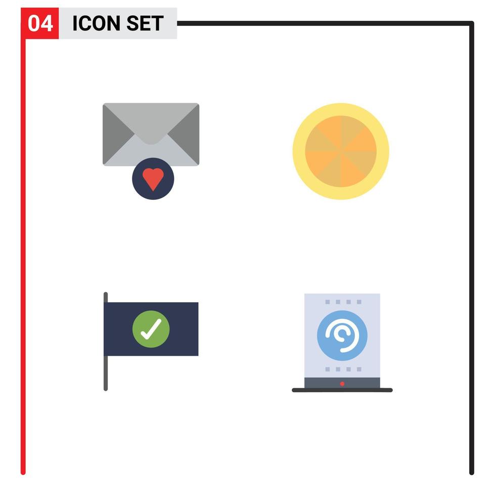 4 conceito de ícone plano para sites móveis e aplicativos, sinal de correio, alimentos, vegetais, rádio, elementos de design de vetores editáveis
