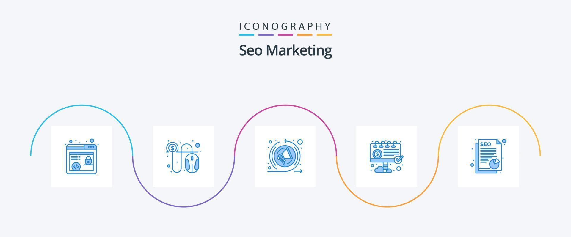 pacote de ícones seo marketing azul 5 incluindo dados. papel. remarketing. documento. de Anúncios vetor