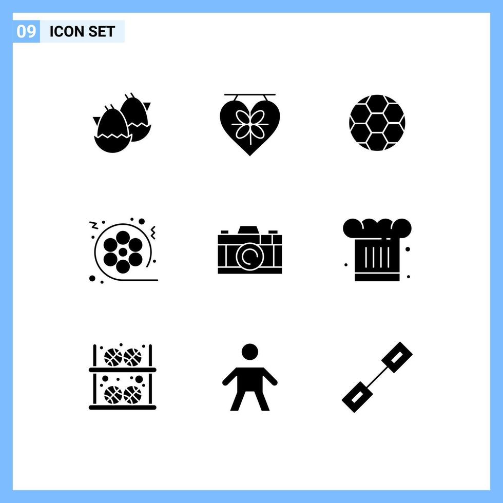 conjunto moderno de 9 glifos e símbolos sólidos, como elementos de design de vetores editáveis de filme de cinema de bola de vídeo de câmera