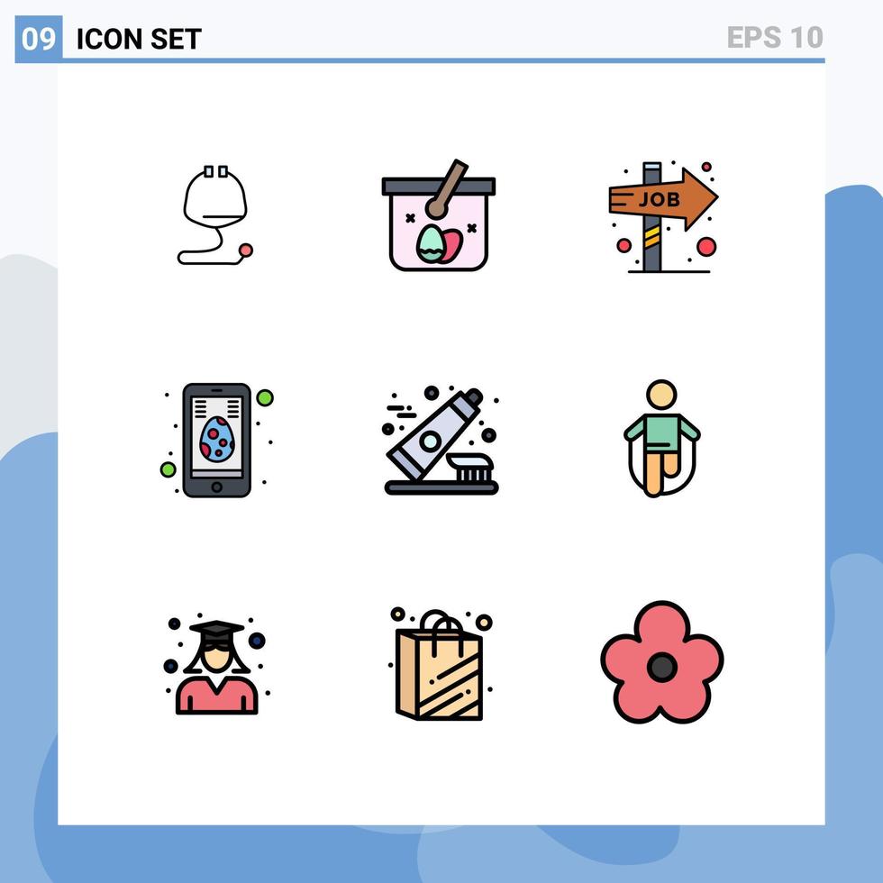 9 interface do usuário pacote de cores planas de linha cheia de sinais e símbolos modernos de elementos de design de vetores editáveis de célula de ovo de carreira móvel de escova de dentes