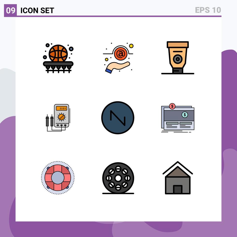 9 interface do usuário pacote de cores planas de linha cheia de sinais e símbolos modernos de suporte de watt testador elementos de design de vetores editáveis mecânicos