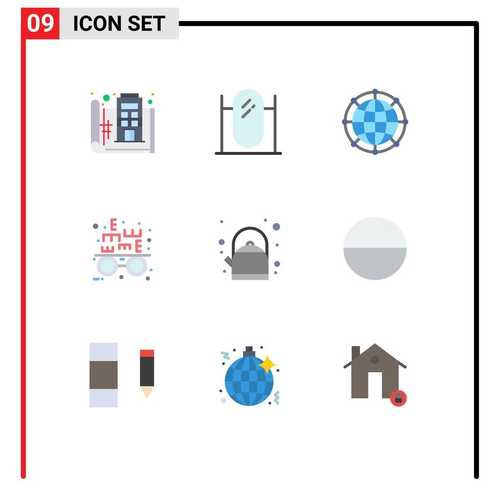 conjunto de pictogramas de 9 cores planas simples de elementos de design de vetores editáveis de rede de teste de espelho de optometrista de café da manhã