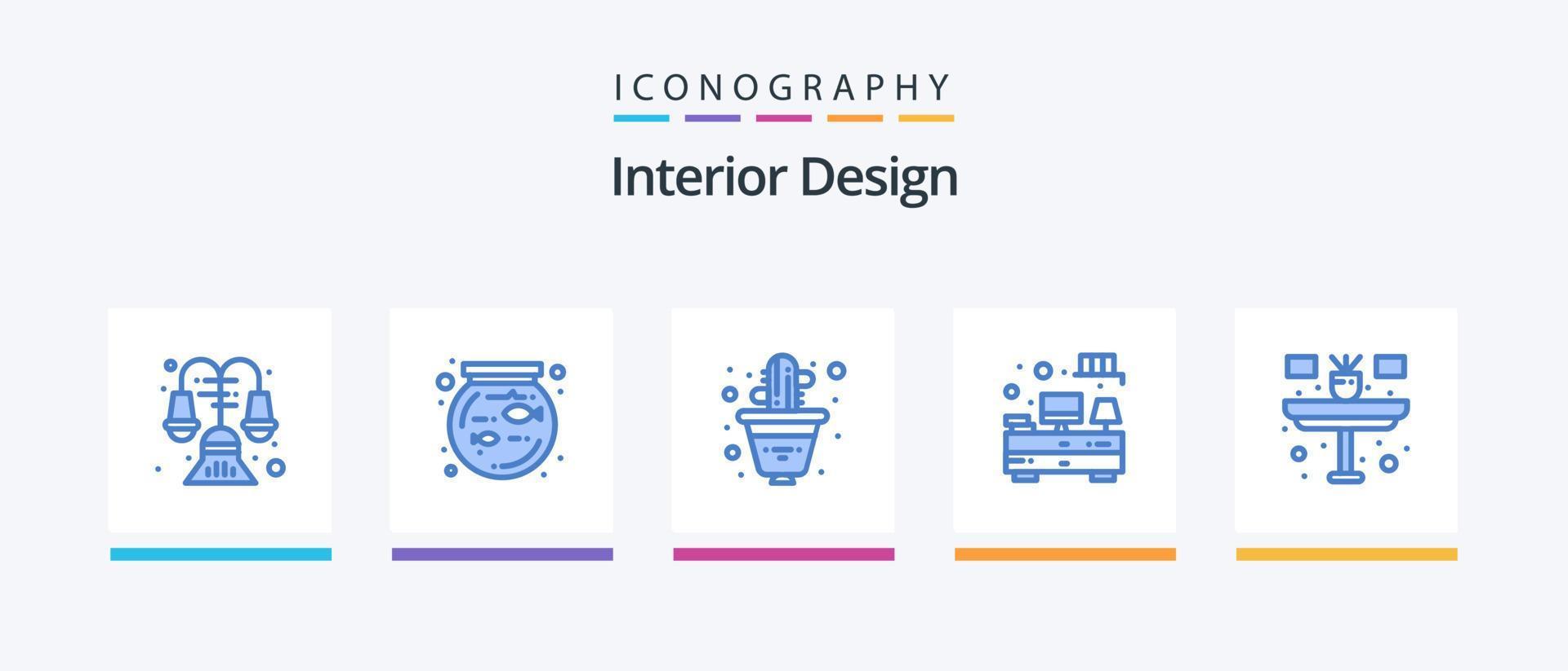 pacote de ícones de design de interiores azul 5, incluindo família. mesa. vaso de flores. televisão. gavetas. design de ícones criativos vetor