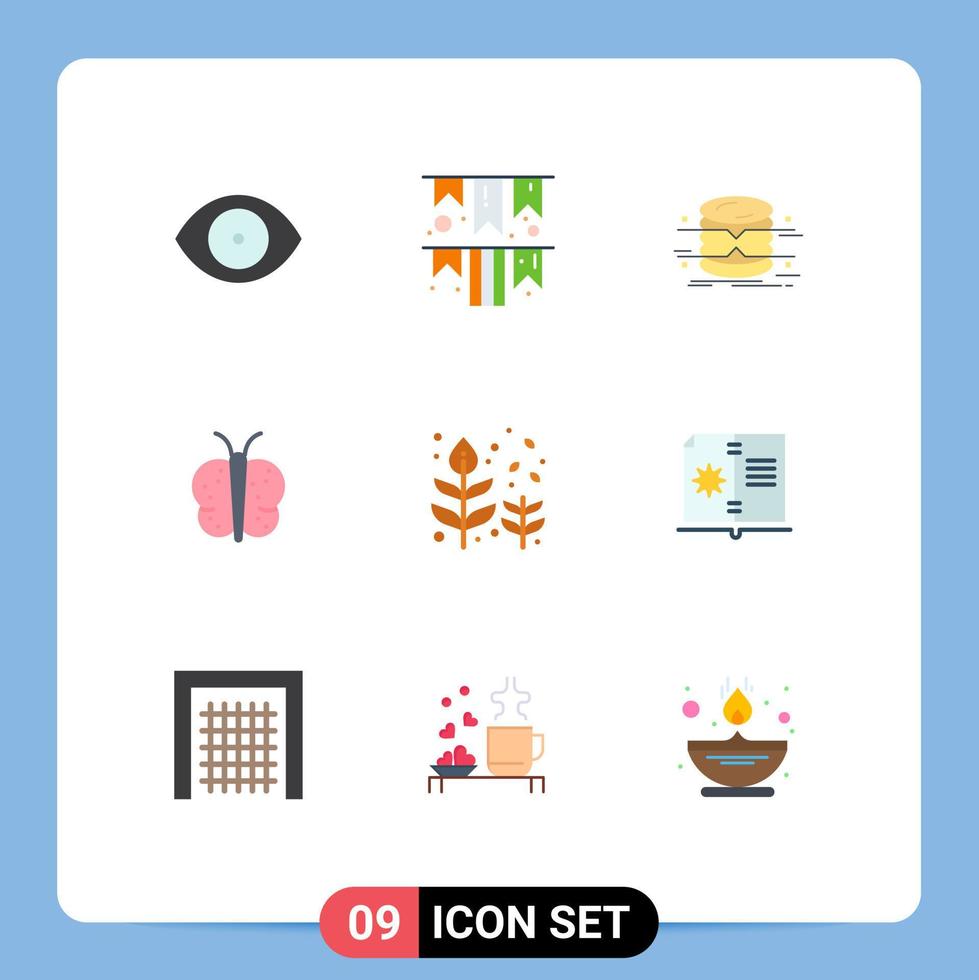 conjunto de cores planas de interface móvel de 9 pictogramas de borboleta de banco de dados de páscoa outono monitorando elementos de design de vetores editáveis
