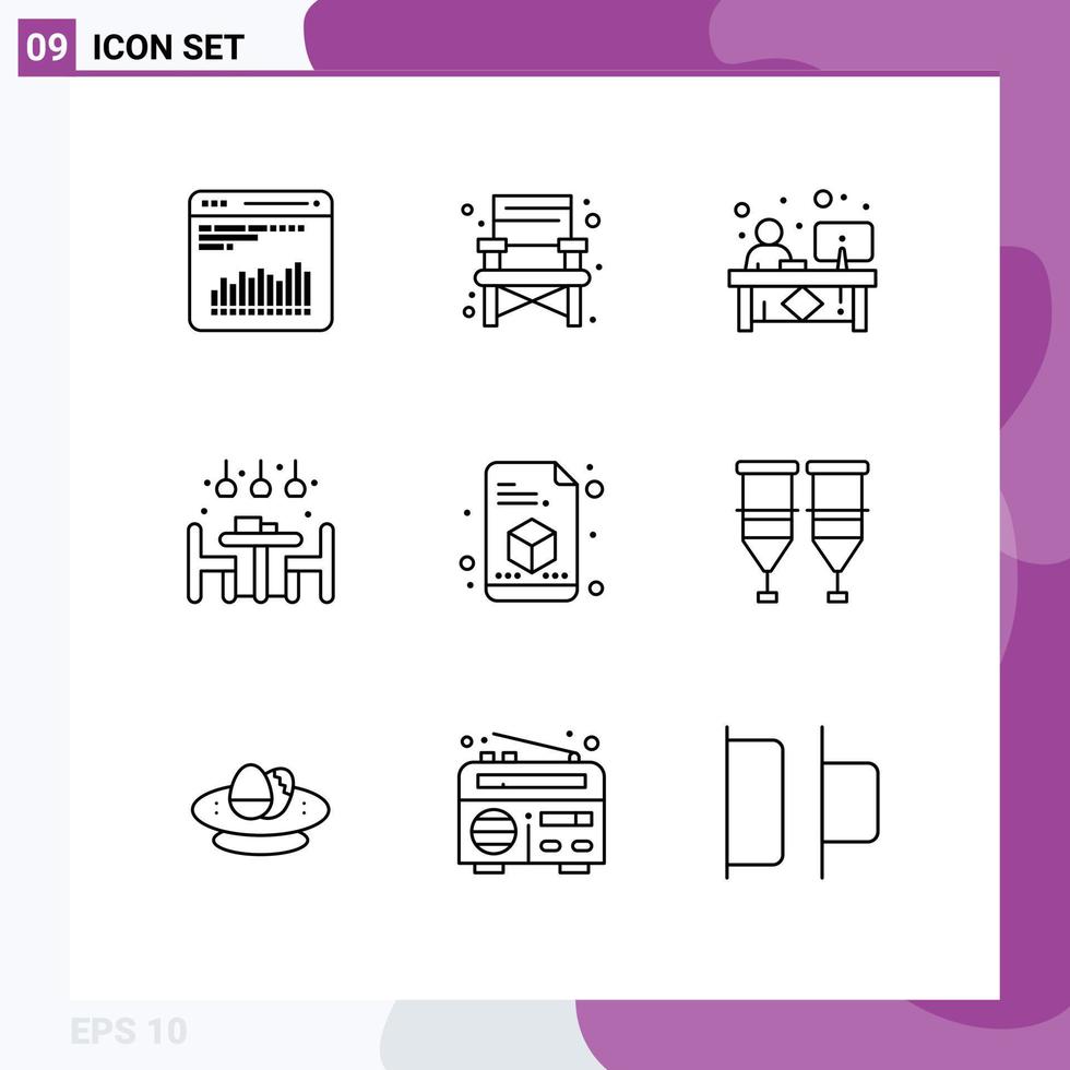 conjunto moderno de 9 contornos e símbolos, como impressão de elementos de design de vetores editáveis em casa, luz de contador de jantar