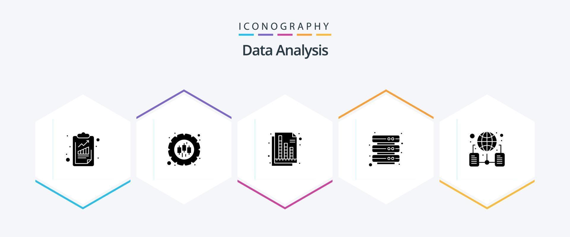 pacote de ícones de 25 glifos de análise de dados, incluindo em todo o mundo. relatório. gestão. base de dados. gráfico vetor