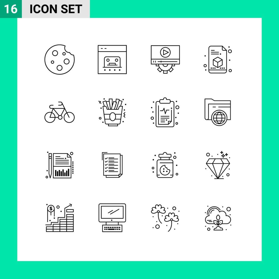 conjunto moderno de pictograma de 16 contornos de configuração de impressora on-line de impressão de bicicleta elementos de design de vetores editáveis