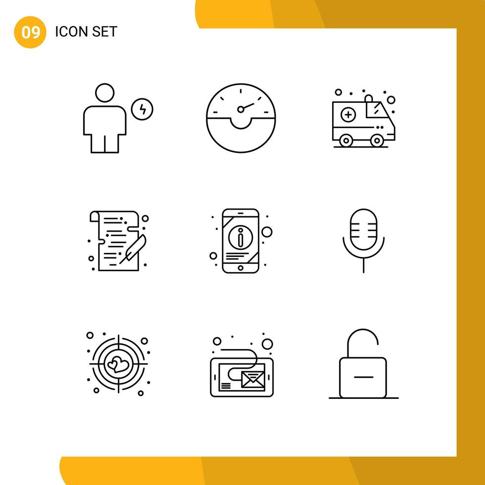 pacote de 9 sinais e símbolos de contornos modernos para mídia impressa na web, como informações móveis, ambulância, estudo, escrita, elementos de design de vetores editáveis