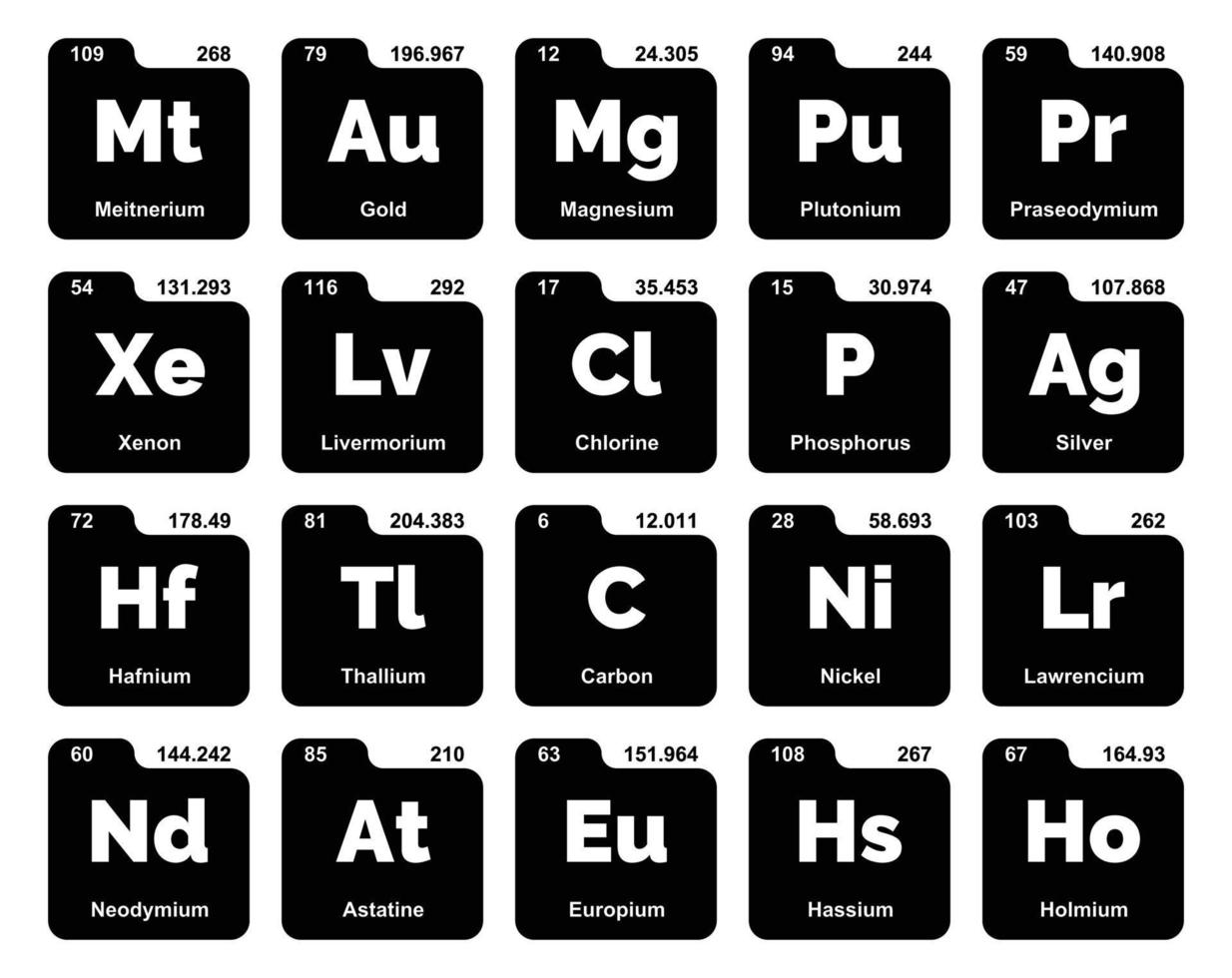 20 tabela periódica do design do pacote de ícones de elementos vetor