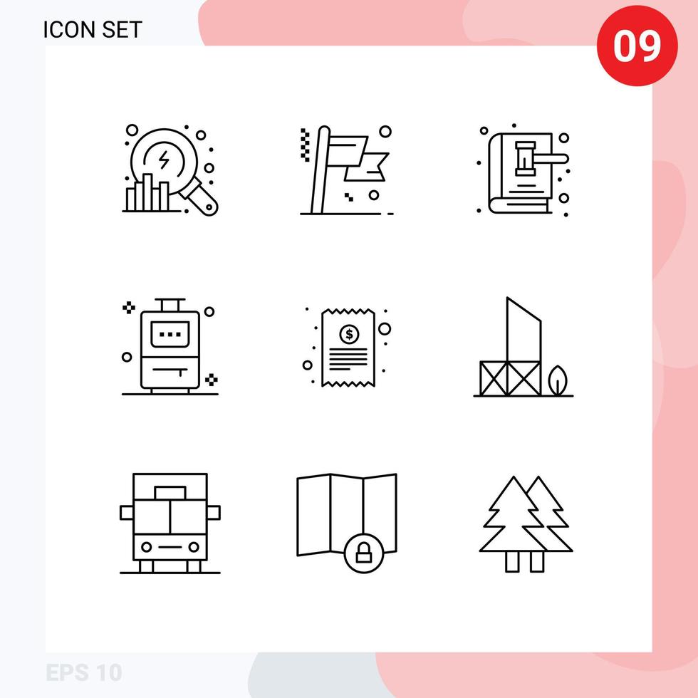 conjunto de pictogramas de 9 contornos simples de recibo de dinheiro leilões de férias livro de leis de viagens editáveis elementos de design vetorial vetor