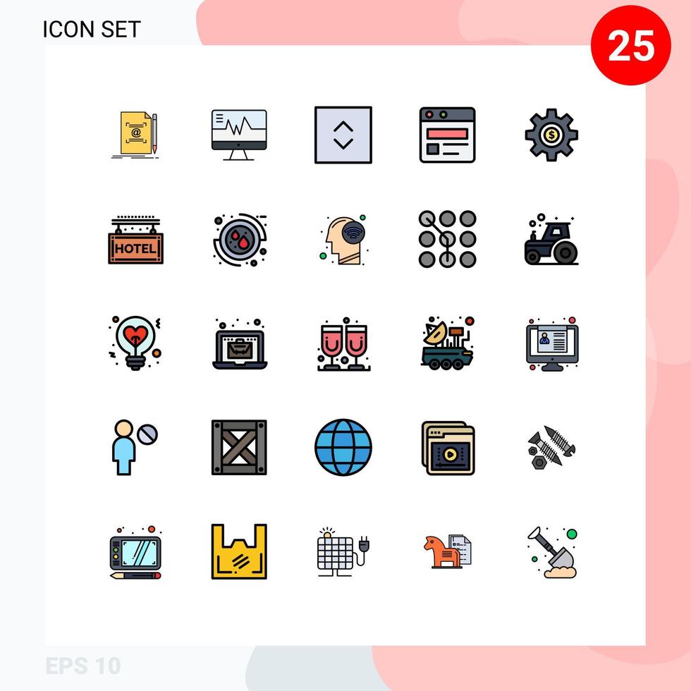 conjunto de cores planas de linha preenchida de interface móvel de 25 pictogramas de elementos de design de vetores editáveis de negócios de página da web de engrenagem