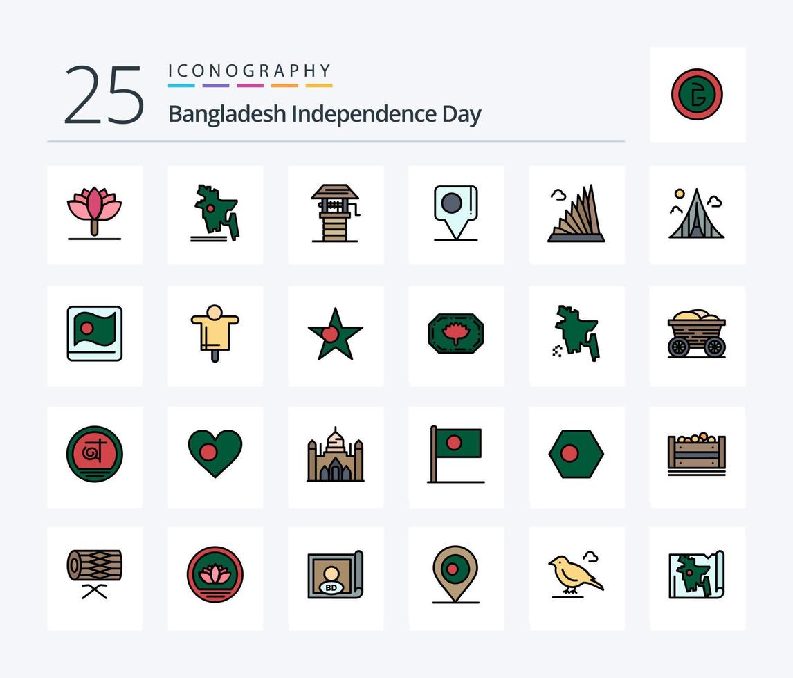 dia da independência de bangladesh pacote de ícones cheios de 25 linhas, incluindo ponto de referência. construção. agricultura. prédio. bandeira vetor