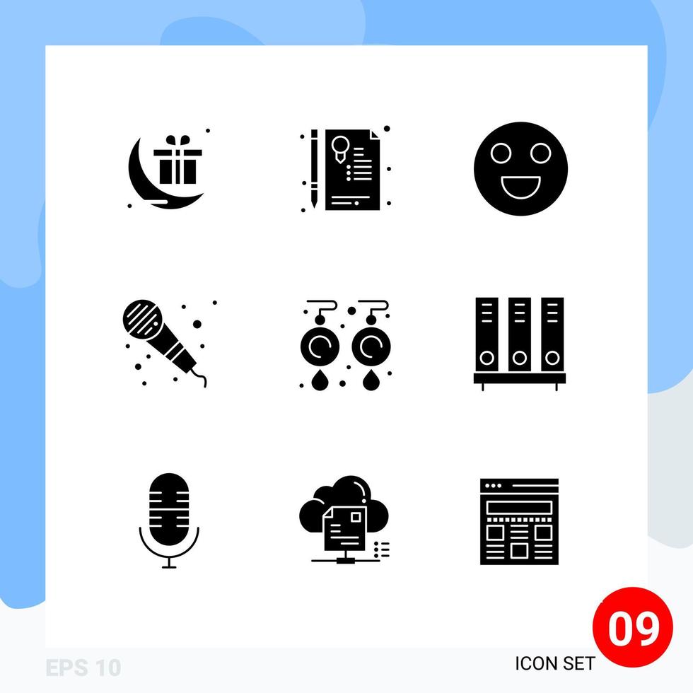 conjunto de pictogramas de 9 glifos sólidos simples de joias, emojis, brincos, microfone, elementos de design vetorial editáveis vetor