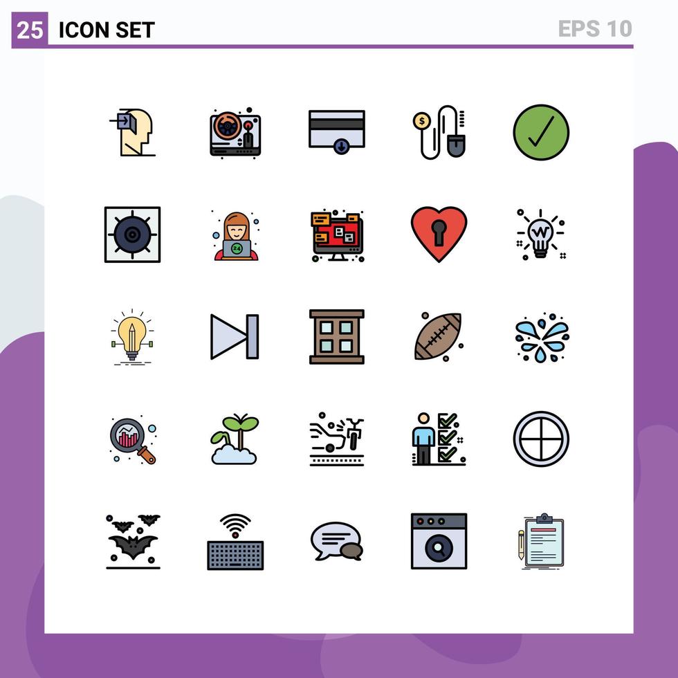 conjunto de cores planas de linha preenchida de interface móvel de 25 pictogramas de elementos de design de vetores editáveis de mouse de marketing de verificação completa