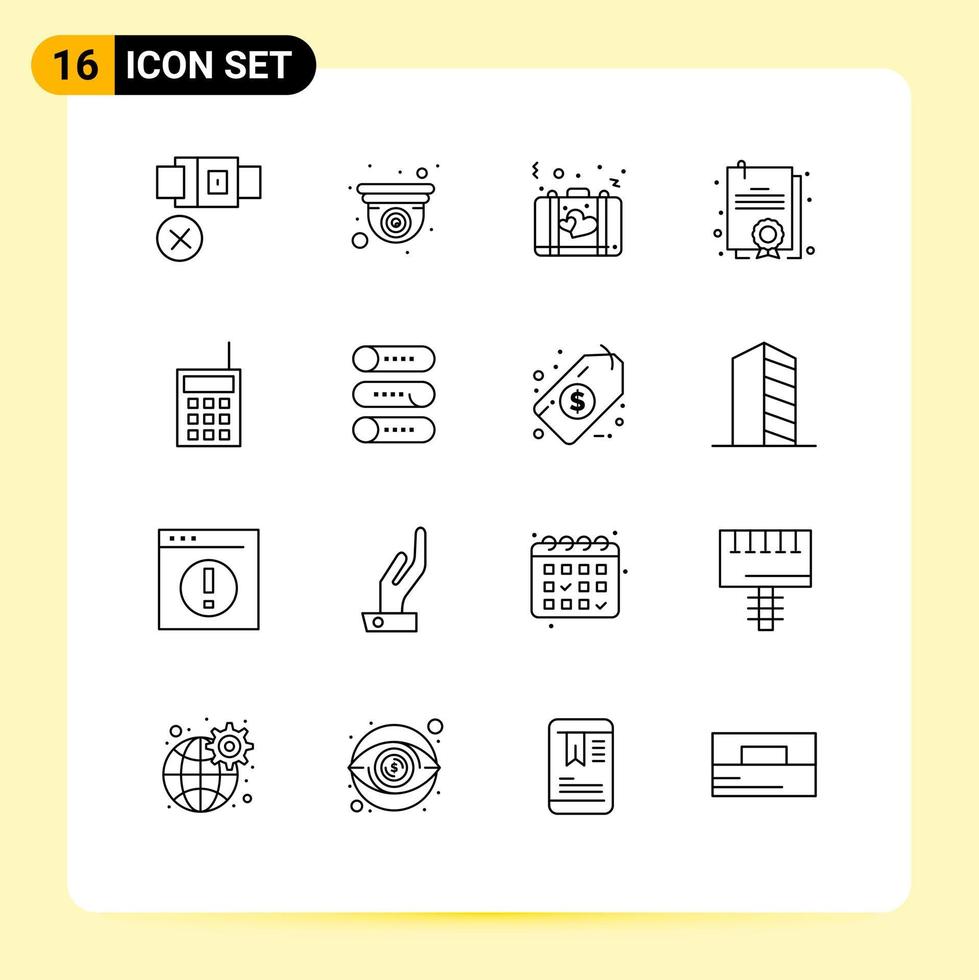 conjunto de 16 ícones de interface do usuário modernos, símbolos, sinais para hardware, bolsa de diploma, mala de graduação, elementos de design de vetores editáveis