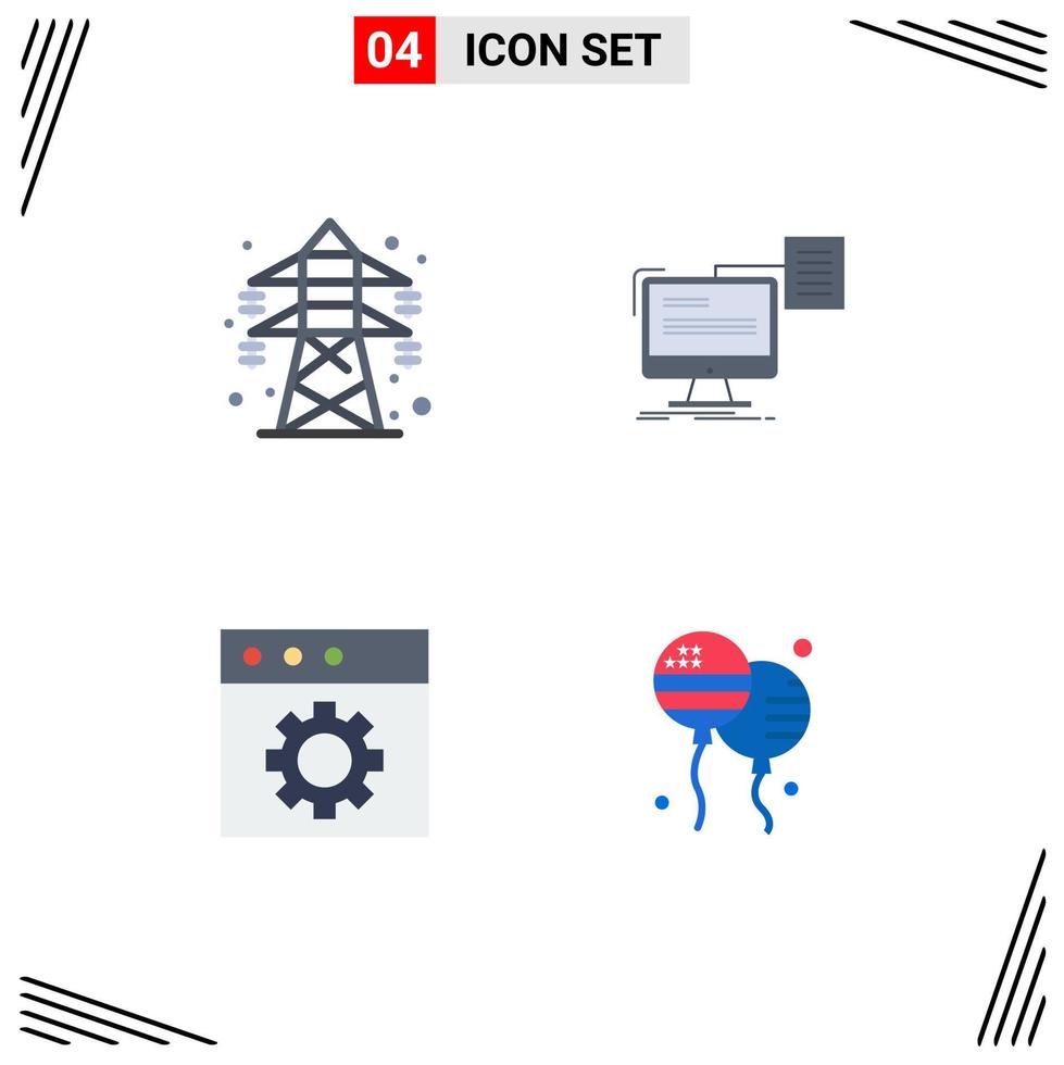 pacote de ícones planos de 4 símbolos universais de preferências de impressão de torre de transmissão de aplicativos elétricos elementos de design vetorial editáveis vetor