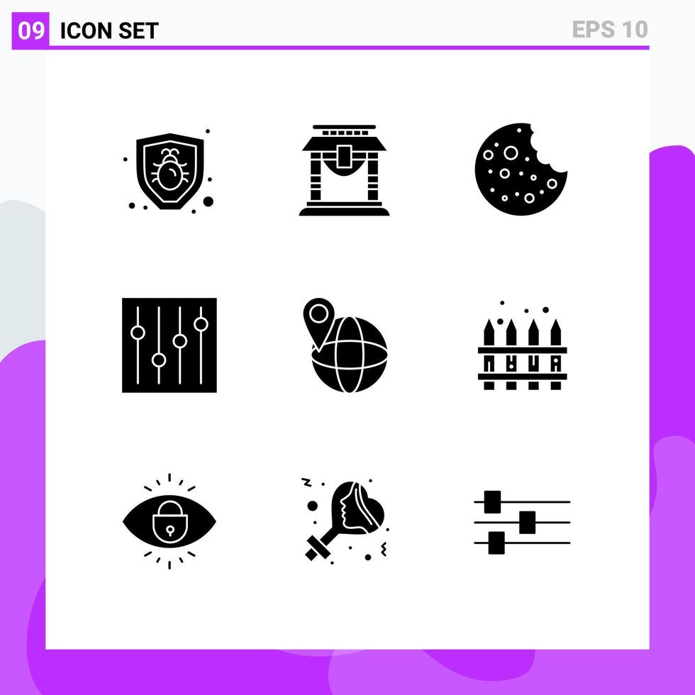 conjunto moderno de 9 glifos e símbolos sólidos, como elementos de design de vetores editáveis de ajuste de viagem de salsicha do mundo da cerca