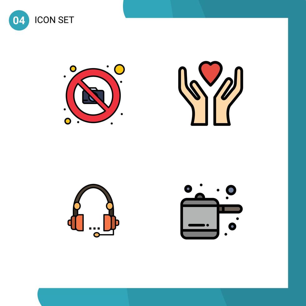 4 cores planas de linhas preenchidas de vetores temáticos e símbolos editáveis de comunicação de câmera, fotografia, fone de ouvido, elementos de design de vetores editáveis