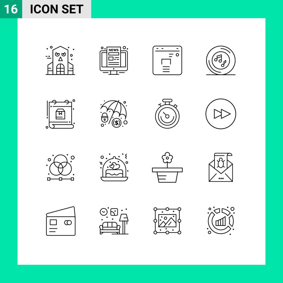 16 pacote de esboço de interface de usuário de sinais e símbolos modernos de cronograma, calendário, finanças, música, nota, elementos de design de vetores editáveis